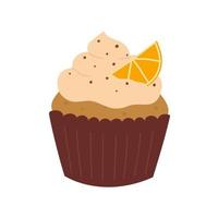 cupcake avec crème fouettée et tranche d'orange. muffin dessiné à la main dans un style plat de dessin animé vecteur