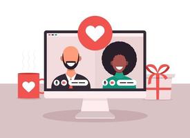 concept d'application de rencontres en ligne avec homme et femme. illustration vectorielle plane avec femme africaine et homme chauve blanc sur écran d'ordinateur portable. vecteur