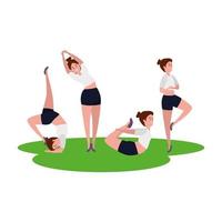Groupe de filles de beauté pratiquant le pilates dans l'herbe vecteur