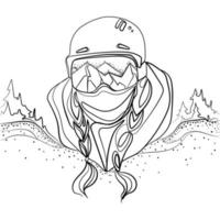 portrait de femme portant des lunettes de ski ou de snowboard avec reflet des montagnes et des pistes de ski et casque dessin au trait logo emblème affiche illustration vectorielle de modèle d'impression fille dans des verres pour les sports d'hiver vecteur