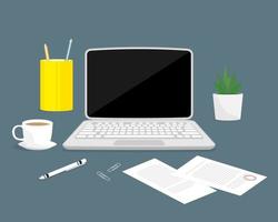 ordinateur portable avec écran vide vide, café, crayon, cactus et note papier, illustration de marketing numérique. vecteur