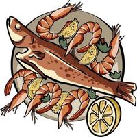 assiette de fruits de mer. poisson grillé, crevettes, citron. poisson grillé au romarin et citron sur une assiette. illustration vectorielle de dorado frit entier. vecteur