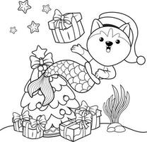 livre de coloriage de noël avec une jolie sirène husky vecteur