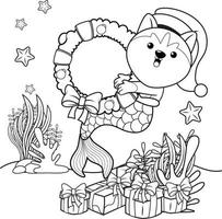 livre de coloriage de noël avec une jolie sirène husky vecteur