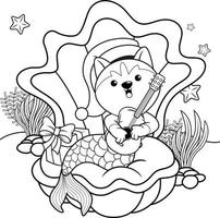 livre de coloriage de noël avec une jolie sirène husky vecteur