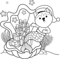 livre de coloriage de noël avec une jolie sirène husky vecteur