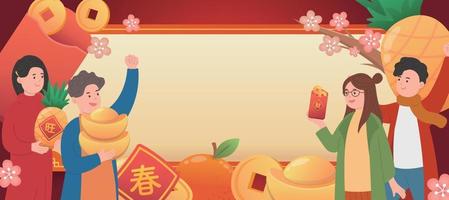 affiche célébrant le nouvel an chinois, des gens heureux avec des pièces d'or et des lingots et des oranges et des ananas vecteur