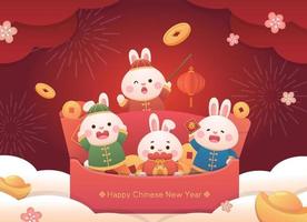 affiche pour le nouvel an chinois, personnage ou mascotte de lapin mignon, sac en papier rouge avec beaucoup d'argent vecteur