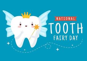 journée nationale de la fée des dents avec une petite fille pour aider les enfants à recevoir des soins dentaires en forme d'affiche dans une illustration de modèle dessiné à la main vecteur