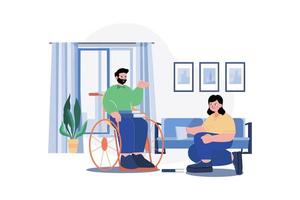 infirmière aidant le concept d'illustration d'homme handicapé. une illustration plate isolée sur fond blanc vecteur