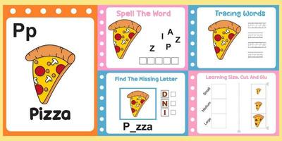 pack de feuilles de travail pour les enfants avec pizza. apprentissage amusant pour les enfants vecteur