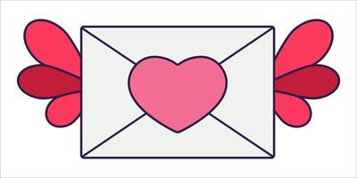 icône rétro saint valentin de l'enveloppe avec coeur et perruques. symbole d'amour dans le style d'art en ligne pop à la mode. la jolie lettre est de couleur rose tendre, rouge et corail. illustration vectorielle isolée. vecteur