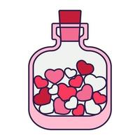 bouteille d'icône rétro saint valentin avec des coeurs. symbole d'amour dans le style d'art en ligne pop à la mode. le joli flacon est de couleur rose tendre, rouge et corail. illustration vectorielle isolée sur blanc. vecteur