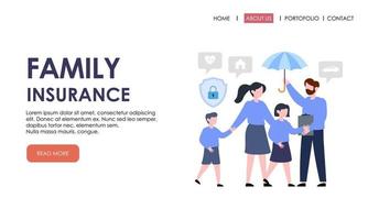 modèle de page de destination d'assurance familiale. assurance, bannière de concept de soins de santé vecteur