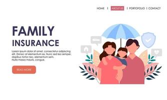 modèle de page de destination d'assurance familiale. assurance, bannière de concept de soins de santé vecteur