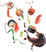 composition aquarelle avec sushi, sauce splash, ingrédient pour sushi sur fond blanc. pour le menu du restaurant sushi design, cartes, impression, design, papier peint, torchon de cuisine. vecteur