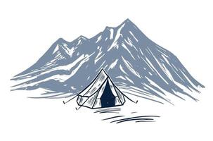 camping, paysage de montagne, style de croquis, illustrations vectorielles. vecteur
