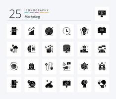 marketing pack d'icônes de 25 glyphes solides, y compris le contenu. cerveau. créatif. montre. commercialisation vecteur