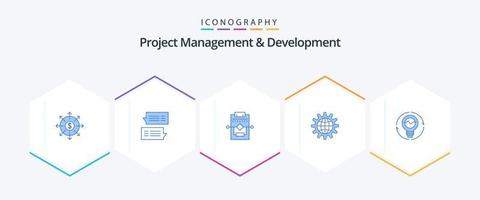 gestion de projet et développement pack de 25 icônes bleues, y compris l'équipement. développer. conversations. entreprise. paramètres vecteur