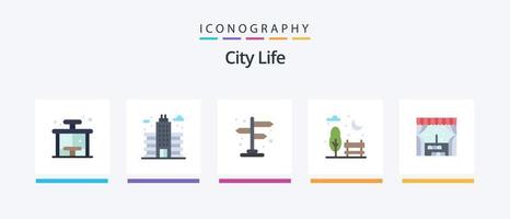 pack d'icônes plat 5 de la vie urbaine, y compris la fenêtre. bâtiment. ville. parc. banc. conception d'icônes créatives vecteur