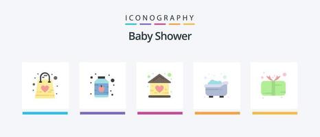 pack d'icônes plat 5 de douche de bébé, y compris le cadeau. enfant. bébé. bain. loger. conception d'icônes créatives vecteur