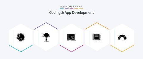 codage et développement d'applications pack d'icônes de 25 glyphes, y compris le bloc-notes. livre. recherche. programme. opérationnel vecteur