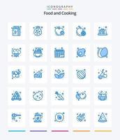 pack d'icônes bleues de 25 aliments créatifs tels que le chou-fleur. nourriture. nourriture. gâteau. fruit vecteur