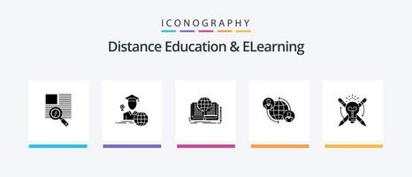 pack d'icônes glyphe 5 d'enseignement à distance et d'apprentissage en ligne, y compris global. utilisateur. en écrivant. Connexions. théorie. conception d'icônes créatives vecteur