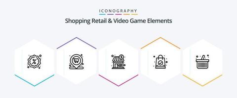 pack d'icônes de 25 lignes d'éléments de vente au détail et de jeux vidéo, y compris les achats. Chariot. boutique. sac de courses. Sac à main vecteur