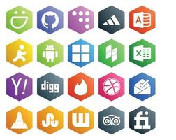 pack de 20 icônes de médias sociaux, y compris la boîte de réception multimédia houzz dribbble digg vecteur