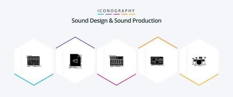 conception sonore et production sonore pack d'icônes de 25 glyphes, y compris l'égalisation. contrôle. musique. synthétiseur. midi vecteur