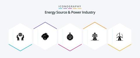 source d'énergie et pack d'icônes de 25 glyphes de l'industrie de l'énergie, y compris l'énergie. turbine. innovation. tour de transmission. énergie vecteur