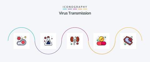 ligne de transmission de virus remplie de 5 icônes plates, y compris le coronavirus. pilule. maladie. médecine. capsule vecteur