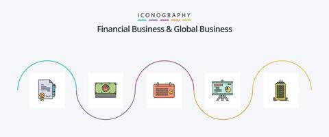 affaires financières et ligne d'affaires mondiale remplies de 5 icônes plates, y compris le bâtiment. projecteur. calendrier. conseil. temps vecteur