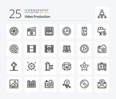 pack d'icônes de 25 lignes de production vidéo, y compris l'horloge. cinéma . médias. multimédia vecteur