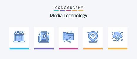 pack d'icônes bleues de la technologie multimédia 5, y compris le cloud. connexion. partager. emplacement. enregistrement. conception d'icônes créatives vecteur