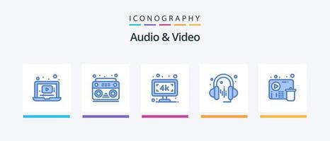 pack d'icônes audio et vidéo bleu 5, y compris la vidéo. supprimer. moniteur. son. casque de musique. conception d'icônes créatives vecteur