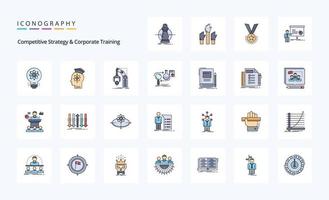 25 pack d'icônes de style rempli de stratégie compétitive et de formation en entreprise vecteur