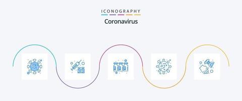 pack d'icônes coronavirus bleu 5, y compris la main. corona virus. bouteille. couronne. bactéries vecteur