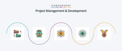 gestion de projet et ligne de développement remplies de 5 icônes plates, y compris le capital. production. paramètres. moderne. entreprise vecteur