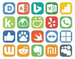 pack de 20 icônes de médias sociaux, y compris evernote wattpad yelp microsoft swift vecteur