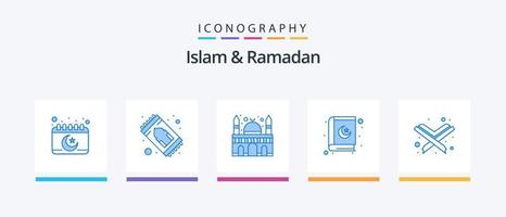 pack d'icônes bleu islam et ramadan 5 comprenant le coran. Islam. temps de prière. religion. livre. conception d'icônes créatives vecteur