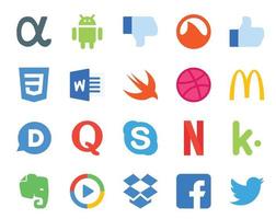 pack de 20 icônes de médias sociaux, y compris evernote netflix dribbble chat question vecteur