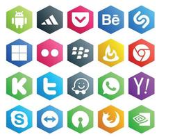 pack de 20 icônes de médias sociaux, y compris skype yahoo feedburner whatsapp tweet vecteur