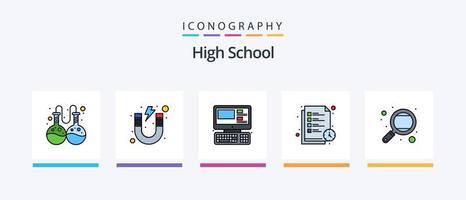 ligne de lycée remplie de 5 packs d'icônes comprenant des crayons. boîte. horloge. papier. en ligne. conception d'icônes créatives vecteur