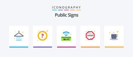 signes publics plat 5 pack d'icônes comprenant du thé. tasse. enseigne publique. arrêt. conseil. conception d'icônes créatives vecteur