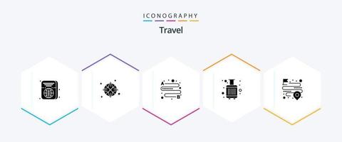 pack d'icônes de 25 glyphes de voyage, y compris la carte. distance. distance. touristique. Sacs vecteur