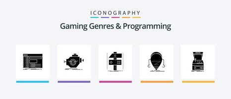 genres de jeu et pack d'icônes de glyphe de programmation 5, y compris la version bêta. jeu. machine. développeur. artisanat. conception d'icônes créatives vecteur