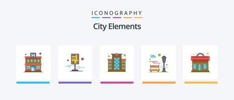 pack d'icônes plat 5 éléments de la ville, y compris la musique. des loisirs. bâtiment. parc. banc. conception d'icônes créatives vecteur
