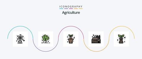 ligne d'agriculture remplie de pack d'icônes plat 5, y compris la nature. entrepôt. usine. Grange. usine vecteur